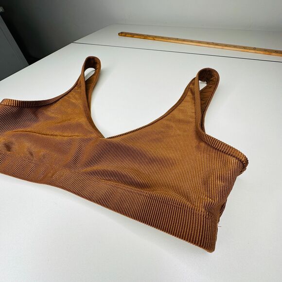 Weworewhat Brown V-Neck Form Fitting Stretch Pullover Ribbed Sports Bra Medium - Picture 4 of 13